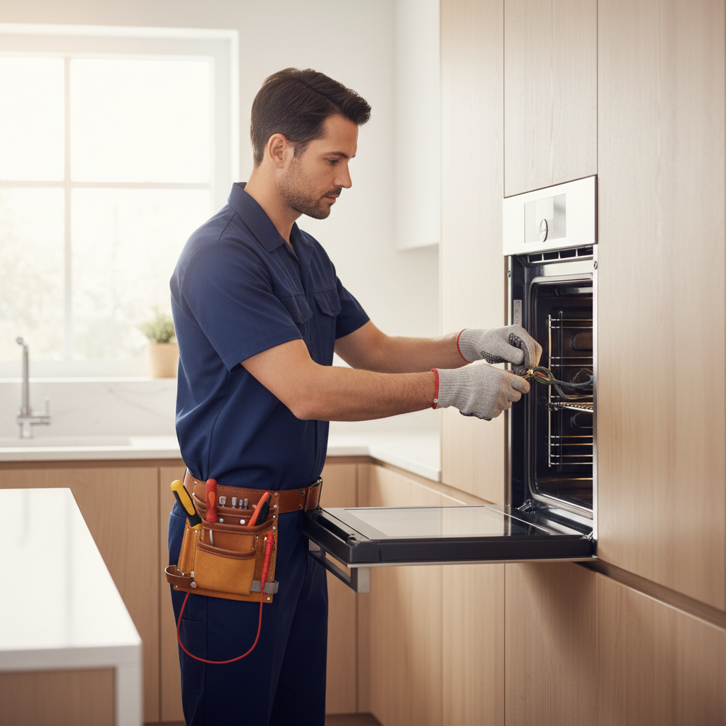Technician repairing a built-in oven