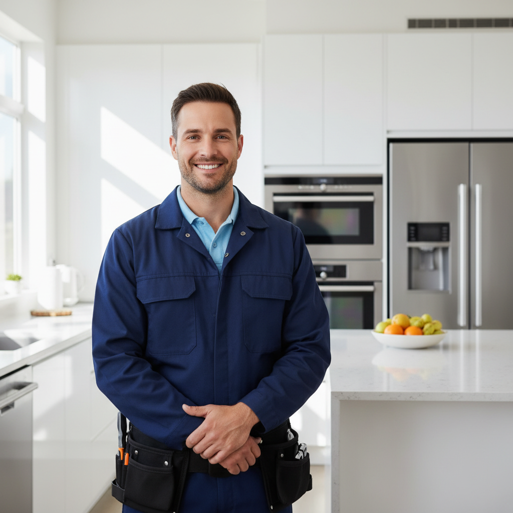 Smiling appliance repair technician in a bright kitchen